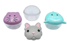 Animal snack containers set with purple cat, gray mouse, and teal shark faces.