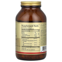 Solgar omega 3 fish oil bottle, back panel with Supplement Facts text on amber glass