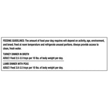 Dog food variety pack feeding guidelines panel for Turkey dinner in broth and Lamb with peas
