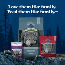 Assorted BLUE Wilderness dog food packages, cans, and bags with kibble