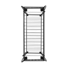 Black metal 2-tier plant stand back view with vertical bars and slatted shelves.