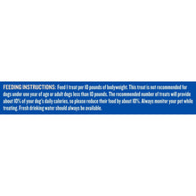 Feeding instructions for dog treats; recommended feeding amounts and fresh water