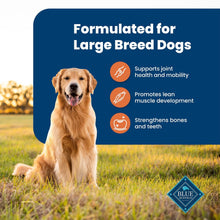 Blue Buffalo large breed dog food bag with golden retriever and benefit icons