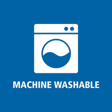Black fabric shower curtain with machine-washable care icon