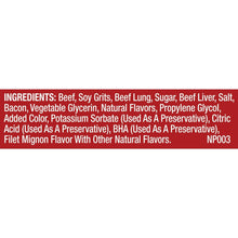 Ingredients panel for dog treats: beef, soy grits, beef lung, bacon, and natural flavors.