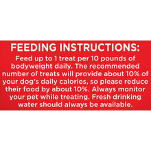 Red label with feeding instructions for small dog treats