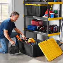 5-tier modular shelf with black bins and yellow frame, loaded with supplies