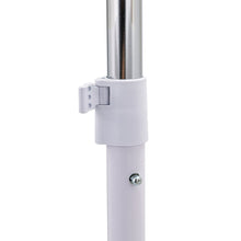 White height-adjustment clamp around chrome pole on rolling garment rack