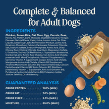 Dog food ingredients and guaranteed analysis panel for adult dogs