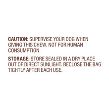 Dog chew caution and storage instructions on packaging label