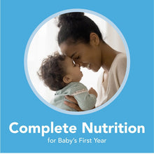 Infant cuddle photo with 'Complete Nutrition for Baby's First Year' text badge