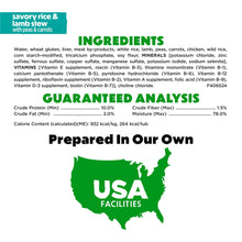 Ingredients and guaranteed analysis label for savory rice & lamb stew dog food