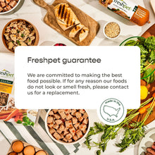 Freshpet guarantee card with bowls of dog food and vegetables