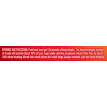 Dog treat feeding instructions panel with serving amount guidance