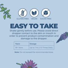Lymphatic support drops usage instructions with gluten-free vegan sugar-free icons
