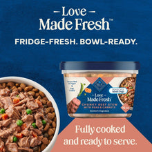 Refrigerated chunky beef stew dog food tub beside bowl, adult dogs, ready to serve.