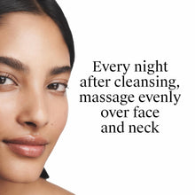 Woman’s face and neck with moisturizer sheen; every night massage text nearby