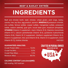 Wet dog food ingredients panel for beef & barley entrée can, with guaranteed analysis.