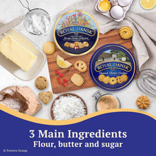 Royal Dansk cookie tins with ingredients like flour, butter, eggs, and sugar shown