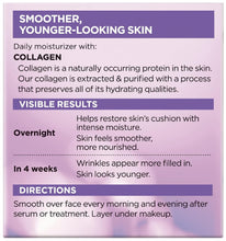 Face moisturizer box back panel with collagen description, results, and directions