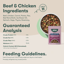 Jinx meal topper bowl of wet dog food with Beef & Chicken ingredient facts panel