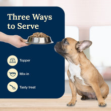 Three ways to serve Blue Buffalo Delectables dog food topper graphic with icons and dog