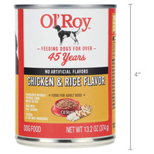 Ol' Roy dog food can front, chicken & rice flavor, net wt 13.2 oz