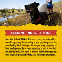 Feeding instructions label on dog treat pouch with red banner header