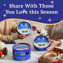 Royal Dansk butter cookie tins being held, shown in blue round containers