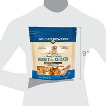Golden Rewards dog treats bag shown on a shirt with a height size mark