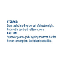 Dog treats bag storage and caution instructions text