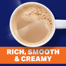 Cup of creamy latte with foam bubbles on top, rich smooth promotional graphic