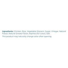Dog treat ingredients label listing chicken, rice, vegetable glycerin, sugar, vinegar, salt