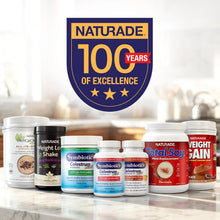 Naturade product lineup with 100 years of excellence badge, including Weight Gain tub