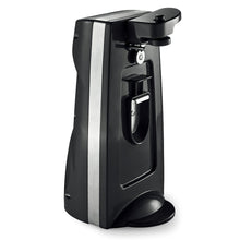 Black electric can opener with removable cutting lever and bottle opener, 3/4 view