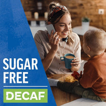 Decaf sugar-free instant coffee mix canister with sugar-free decaf badge