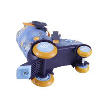 Kids roller skate frame close-up, light blue plate with yellow wheels and rear brake