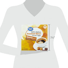 Ground coffee pod box held by a model, 100% Arabica Breakfast Blend, 7.12 in