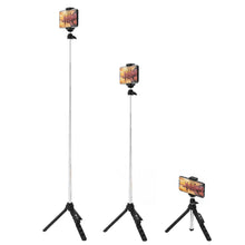 Extendable black selfie tripod set with smartphone mount at multiple heights