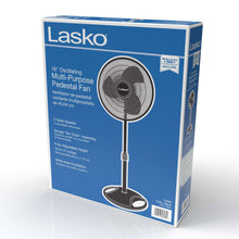 Lasko 16-inch oscillating pedestal fan retail box with fan illustration
