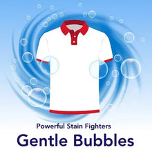 Laundry stain remover powder graphic of a white polo shirt with gentle bubbles