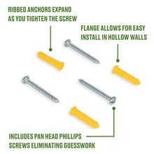 Ribbed anchor screws with yellow plastic anchors and silver steel screws, multiple parts shown
