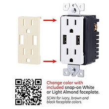 Color-changing faceplate diagram showing white and light almond receptacle