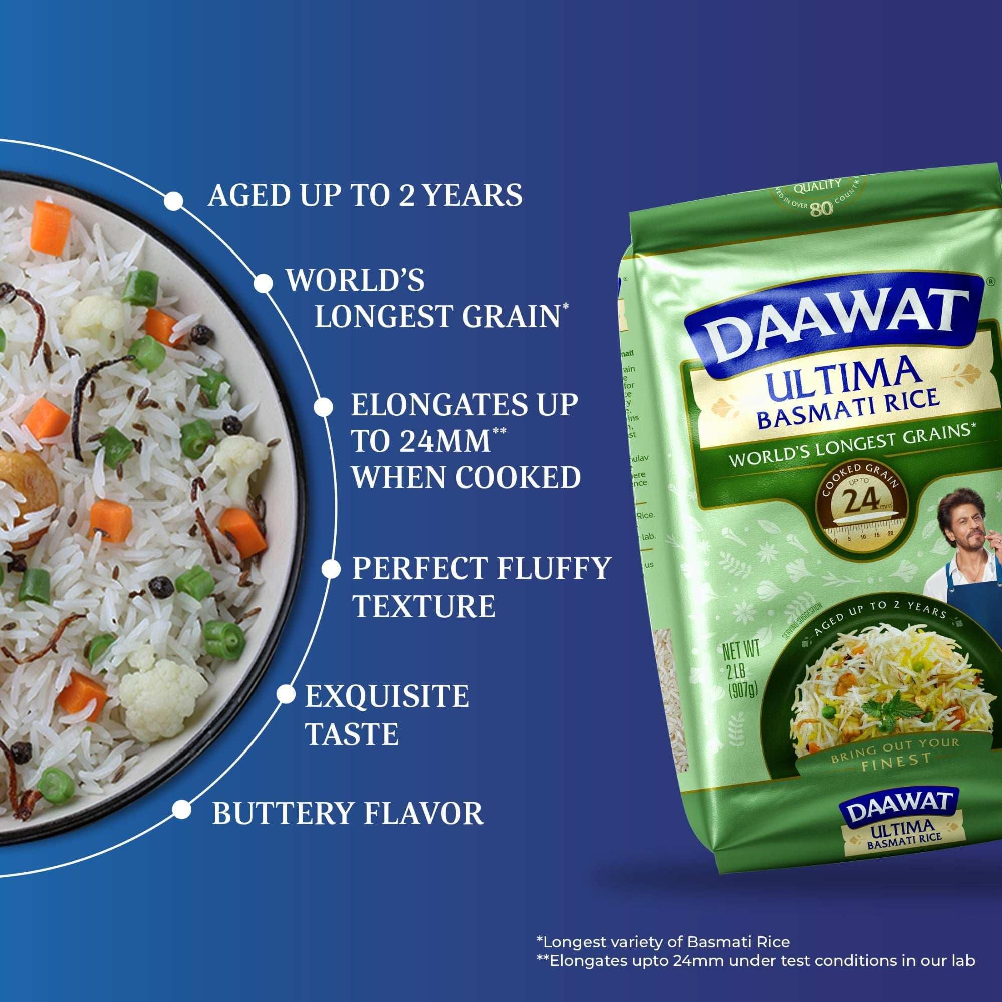 Daawat Ultima Naturally Aged Indian White Basmati Rice, Extra Long Grain, Gluten-free - 2lb Bag
