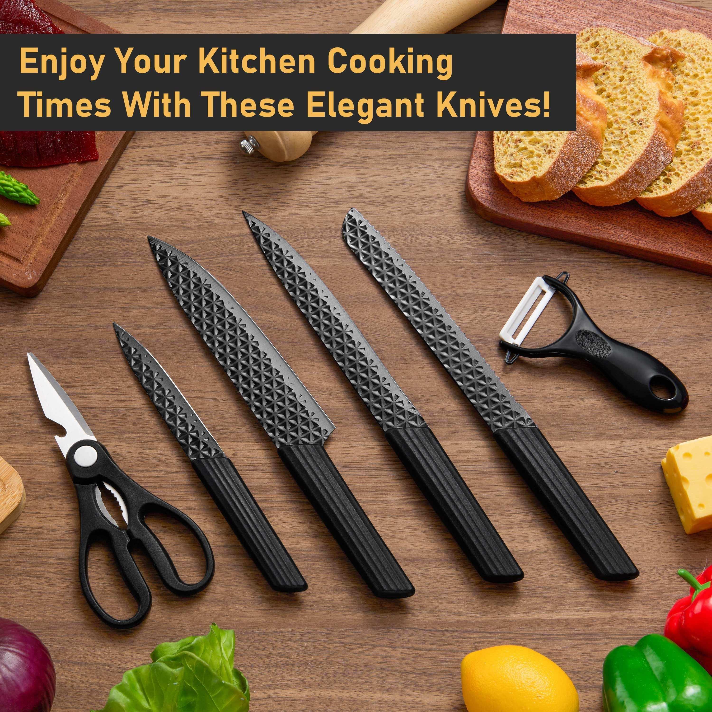 Vesteel Kitchen Knife Set of 7, Professional Stainless Steel Knives Set for Kitchen with Universal Knife Block - Khaki - USA MEGA SHOP