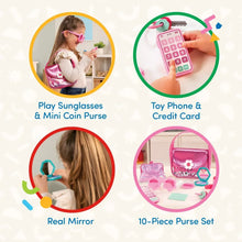 Pink toy phone and mini coin purse accessory pieces with calculator-style card