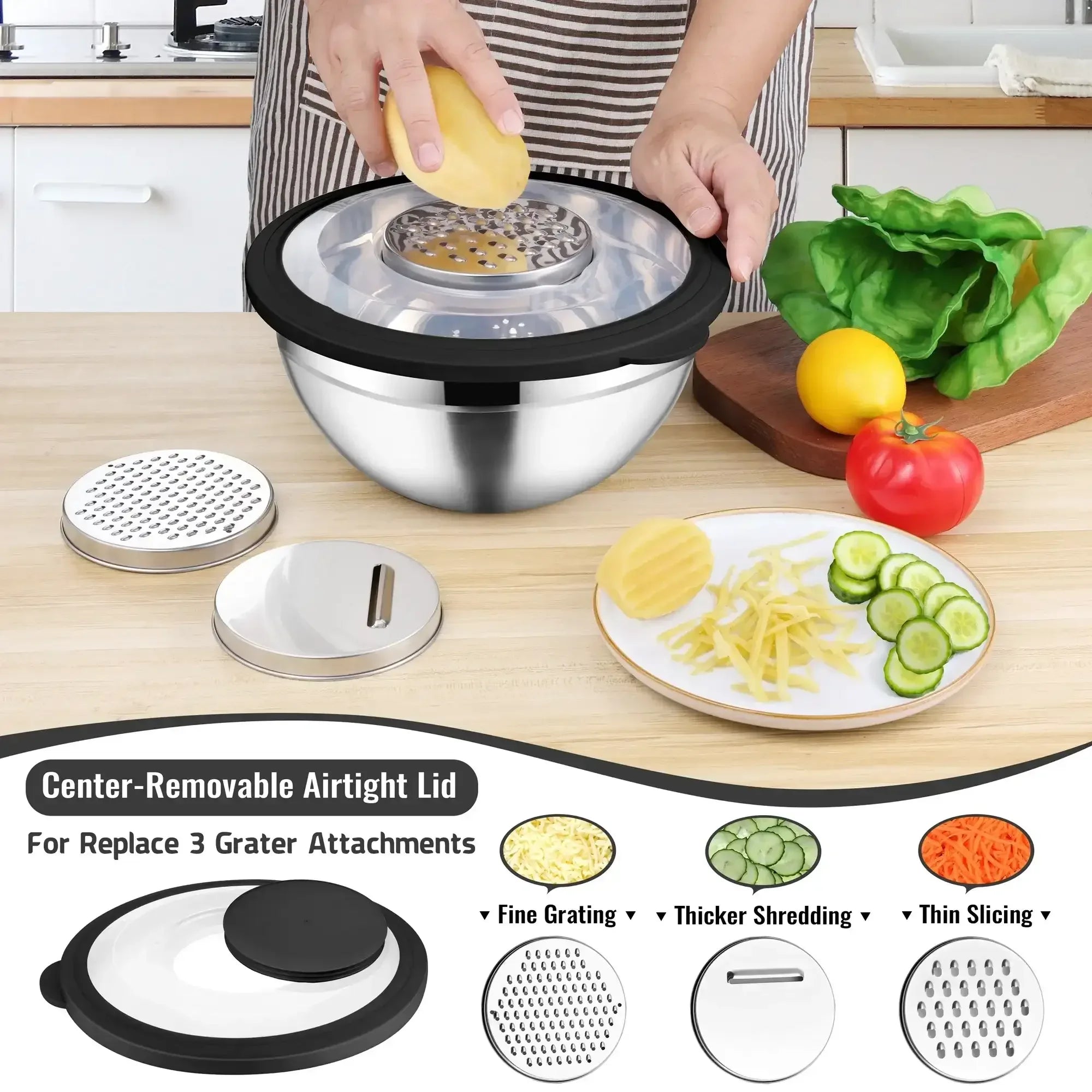 Vesteel Mixing Bowls with Lids Set of 8, Stainless Steel Prep Bowls with Upgraded Airtight Visible Lid, Metal Nesting Bowl Attach with 3 Graters for Kitchen Grating/ Shredding / Mixing - USA MEGA SHOP