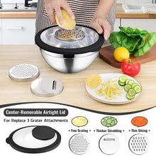 Stainless steel mixing bowl with black airtight lid and removable grater attachments