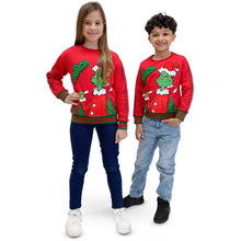 Kids red crewneck sweatshirt with green Grinch graphic, striped ribbed cuffs and hem