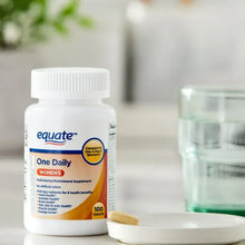 Equate One Daily Women’s multivitamin bottle with tablet dish, white cap